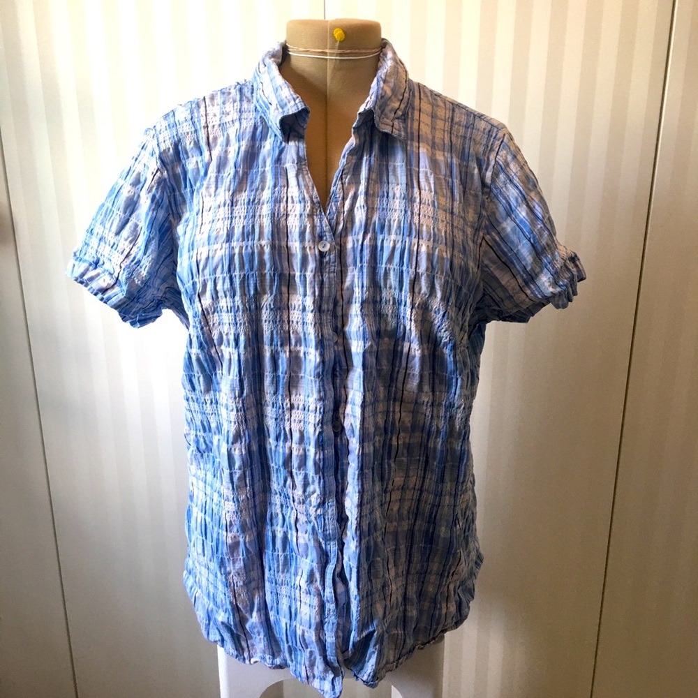 Carroll Reed blue white plaid comfortable cotton button down Size XL